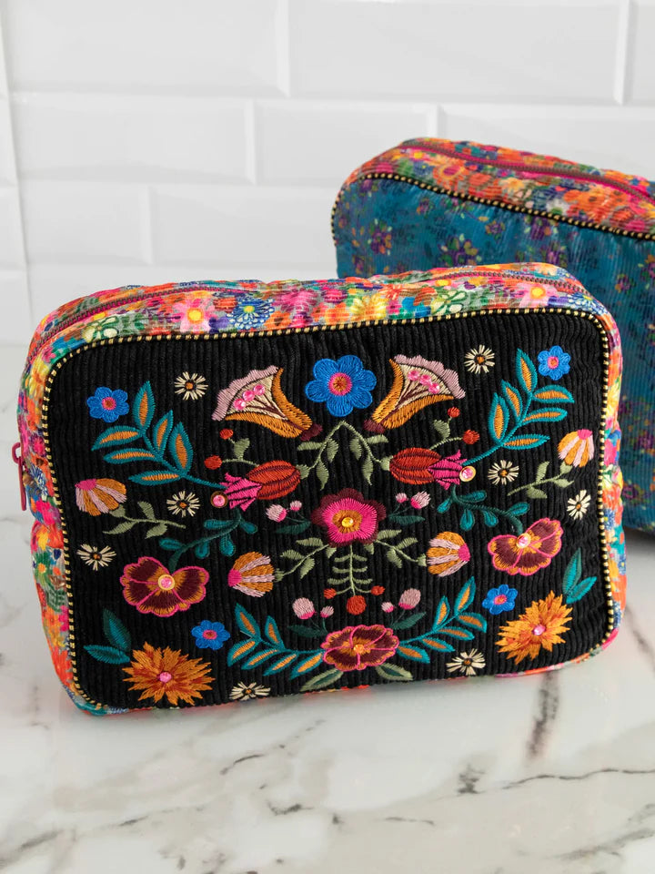 Embroidered Corduroy Makeup Pouch